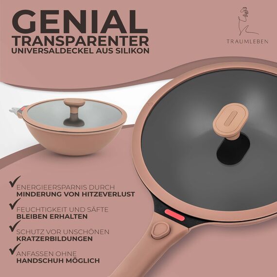 TRAUMLEBEN Wokpfanne mit Deckel 28 cm [abnehmbaren Griffe & Antihaftbeschichtung] PFOA-frei, für Induktion geeignet | backofenfest | hoher Rand | Beschichtete Wok Pfanne | Woks & Wokpfannen