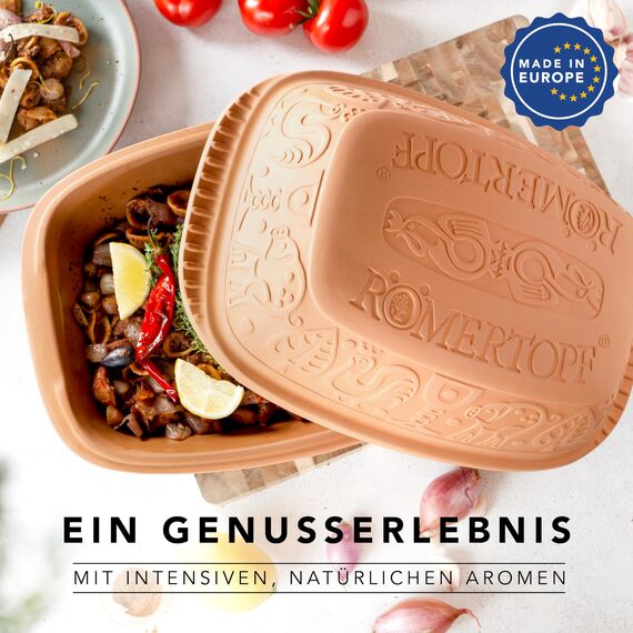 Römertopf Bräter Klassiker aus Naturton, Dampfgarer 4 Liter für bis zu 6 Personen, Keramik-Schmortopf für Backofen & Mikrowelle, Unterteil glasiert, fettarmes Garen, spülmaschinengeeignet