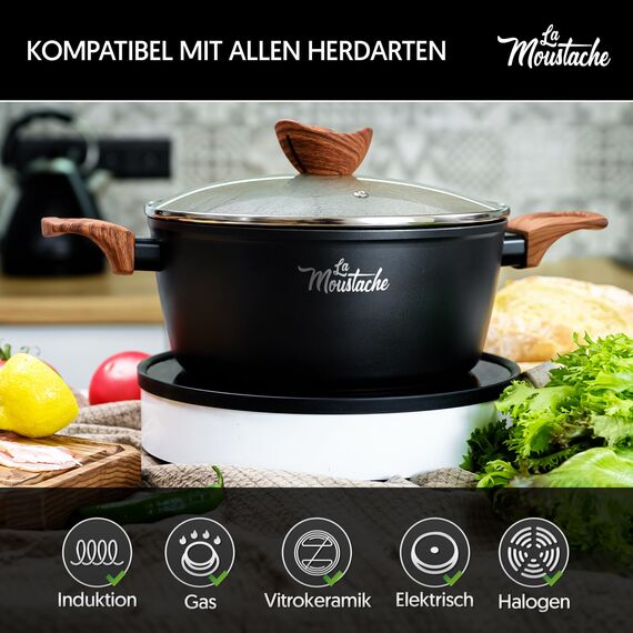 La Moustache - 8-Teiliges Kochgeschirr-Set aus Aluminium mit E-Book, Antihaftbeschichtet, 3 Töpfen, 3 Glasdeckeln und 2 Bratpfannen für Alle Herdarten Inklusive Induktion, PFOA/PFOS-Frei (Callao)
