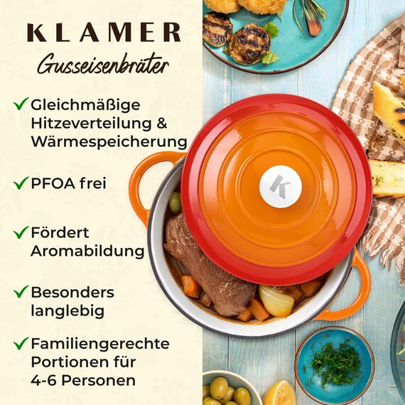KLAMER Gusseisen Bräter 5 L, Gusseisen-Topf 25 cm backofengeeignet, Emaille Schmortopf mit Deckel, Perfekt zum Braten, Schmoren und Brot backen, mit digitalem Rezeptbuch