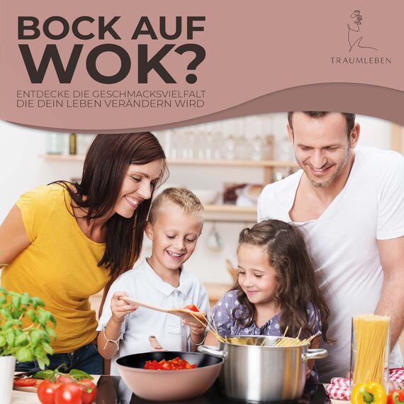 TRAUMLEBEN Wokpfanne mit Deckel 28 cm [abnehmbaren Griffe & Antihaftbeschichtung] PFOA-frei, für Induktion geeignet | backofenfest | hoher Rand | Beschichtete Wok Pfanne | Woks & Wokpfannen