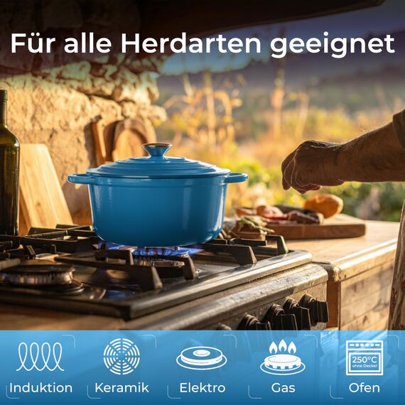 KLAMER Gusseisen Bräter 5 L, Gusseisen-Topf 25 cm backofengeeignet, Emaille Schmortopf mit Deckel, Perfekt zum Braten, Schmoren und Brot backen, mit digitalem Rezeptbuch