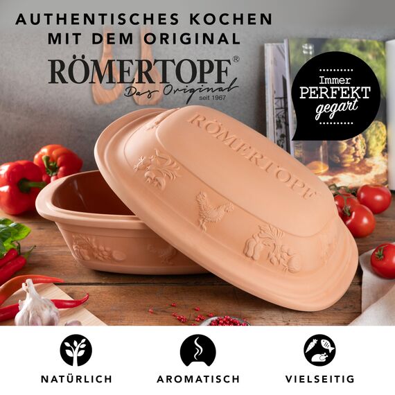 Römertopf Bräter Rustico aus Naturton, Keramik Dampfgarer 5 Liter für bis zu 6 Personen, gesundes fettarmes Garen, gleichmäßige Wärmeverteilung, backofen- & mikrowellengeeignet, spülmaschinenfest