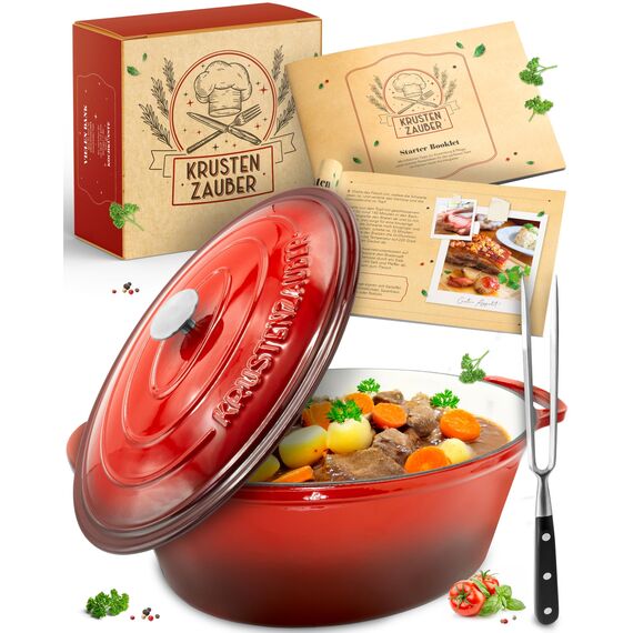KRUSTENZAUBER 33cm Gusseisen Bräter mit Deckel backofengeeignet inkl. Fleischgabel - 6l Emaille Gusseisen Topf XL - Idealer Schmortopf Kazan, Bräter Induktion Oval, Geschenk Weihnachten