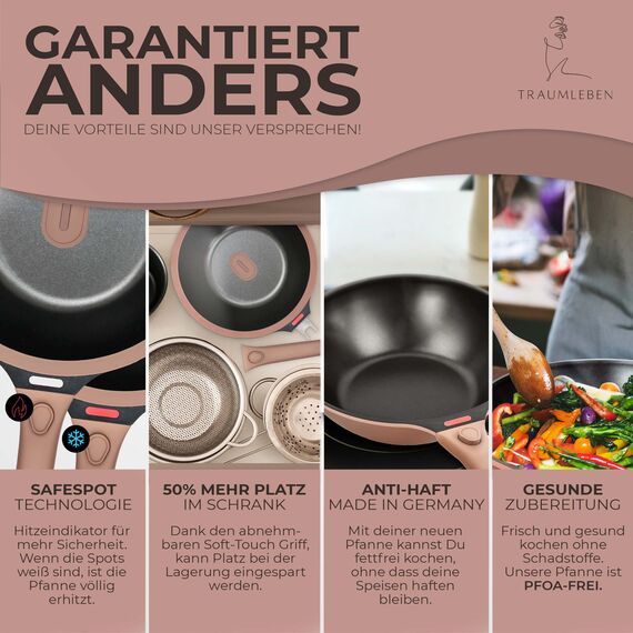 TRAUMLEBEN Wokpfanne mit Deckel 28 cm [abnehmbaren Griffe & Antihaftbeschichtung] PFOA-frei, für Induktion geeignet | backofenfest | hoher Rand | Beschichtete Wok Pfanne | Woks & Wokpfannen