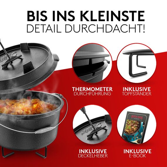 BBQ Dutch Oven [Das Original] - 7,4 Liter Dutch Oven Set mit Topfständer & 1,8 Liter Deckel mit Doppelfunktion zusätzlich als Grillpfanne nutzbar – inkl. Deckelheber und E-Book