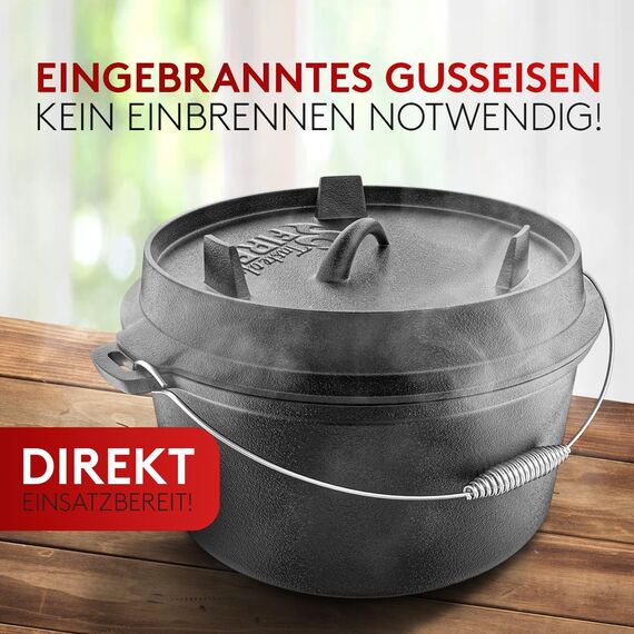 BBQ Dutch Oven [Das Original] - 10,8 Liter Dutch Oven Set mit Topfständer & 2,2 Liter Deckel mit Doppelfunktion zusätzlich als Grillpfanne nutzbar – inkl. Deckelheber und E-Book