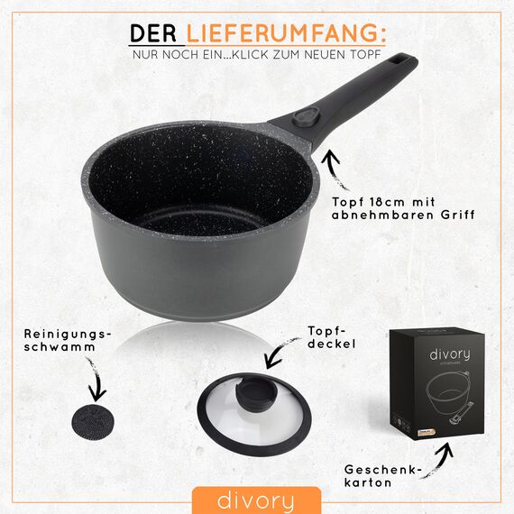DIVORY Kasserolle 18cm abnehmbarer Griff - 2L Stielkasserolle mit Deckel - Stieltopf klein - Milchtopf beschichtet, abnehmbarer Stielgriff, Induktion, Spülmaschinen geeignet & Backofenfest, Schwarz