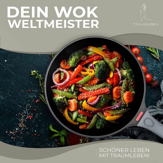 TRAUMLEBEN Wokpfanne mit Deckel 28 cm [abnehmbaren Griffe & Antihaftbeschichtung] PFOA-frei, für Induktion geeignet | backofenfest | hoher Rand | Beschichtete Wok Pfanne | Woks & Wokpfannen (grau)