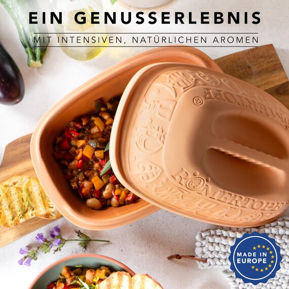 Römertopf Bräter Klassiker Keramik Dampfgarer aus Naturton für bis zu 2 Personen 1,5 Liter