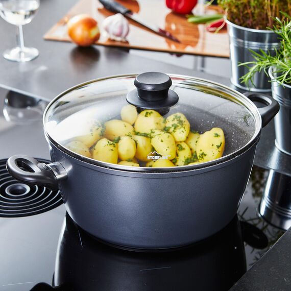 STONELINE XXL Aluguss Kochtopf 28 cm, Großer Topf mit Deckel 7 L, Antihaft beschichtet mit echten Steinpartikeln, Kochtopf Induktion 28 cm, für alle Herdarten, Backofen, Kochen ohne Fett oder Öl, Grau