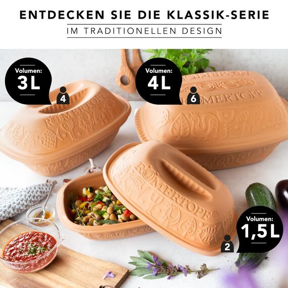 Römertopf Bräter Klassiker aus Naturton, Dampfgarer 4 Liter für bis zu 6 Personen, Keramik-Schmortopf für Backofen & Mikrowelle, Unterteil glasiert, fettarmes Garen, spülmaschinengeeignet