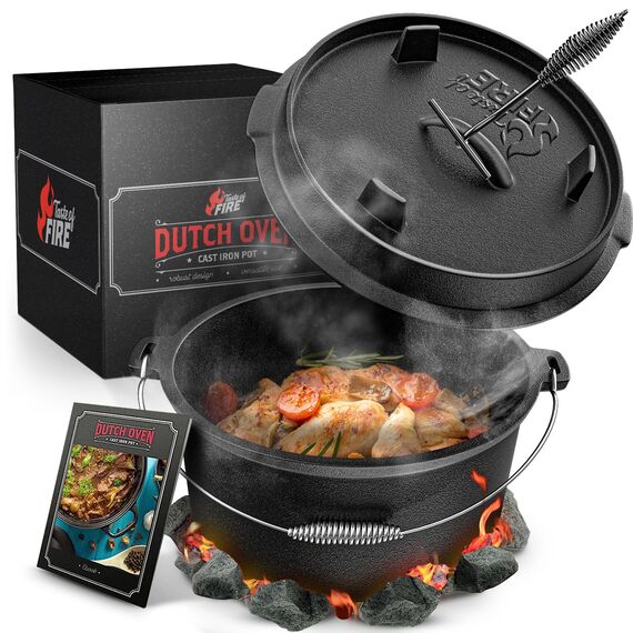 Taste of Fire [Das Original] - 7,4 Liter Dutch Oven Set mit Standfüßen & 1,8 Liter Deckel mit Doppelfunktion zusätzlich als Grillpfanne nutzbar – inkl. Deckelheber und E-Book