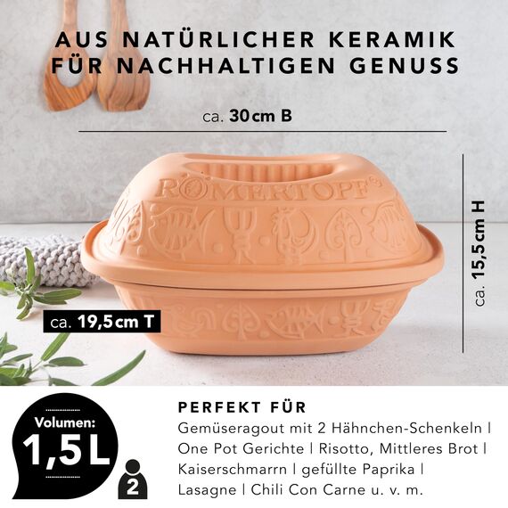 Römertopf Bräter Klassiker Keramik Dampfgarer aus Naturton für bis zu 2 Personen 1,5 Liter