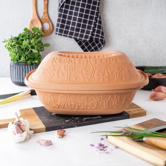 Römertopf Bräter Klassiker aus Naturton, Dampfgarer 3 Liter für bis zu 4 Personen, Keramik-Schmortopf für Backofen & Mikrowelle, Unterteil glasiert, fettarmes Garen, spülmaschinengeeignet