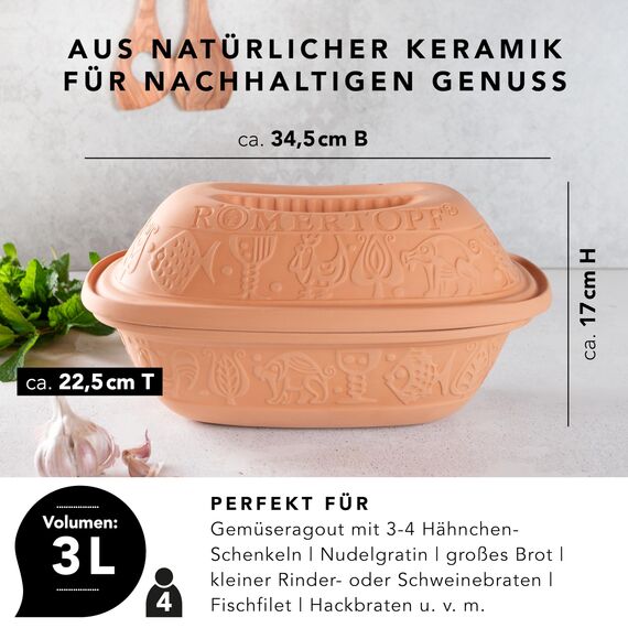 Römertopf Bräter Klassiker aus Naturton, Dampfgarer 3 Liter für bis zu 4 Personen, Keramik-Schmortopf für Backofen & Mikrowelle, Unterteil glasiert, fettarmes Garen, spülmaschinengeeignet