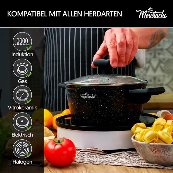 La Moustache - 8-Teiliges Kochgeschirr-Set aus Aluminium mit E-Book, Antihaftbeschichtet, 3 Töpfen, 3 Glasdeckeln und 2 Bratpfannen für Alle Herdarten Inklusive Induktion, PFOA/PFOS-Frei (Onix)