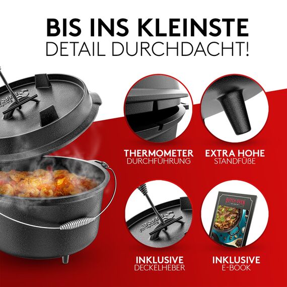 Taste of Fire [Das Original] - 7,4 Liter Dutch Oven Set mit Standfüßen & 1,8 Liter Deckel mit Doppelfunktion zusätzlich als Grillpfanne nutzbar – inkl. Deckelheber und E-Book
