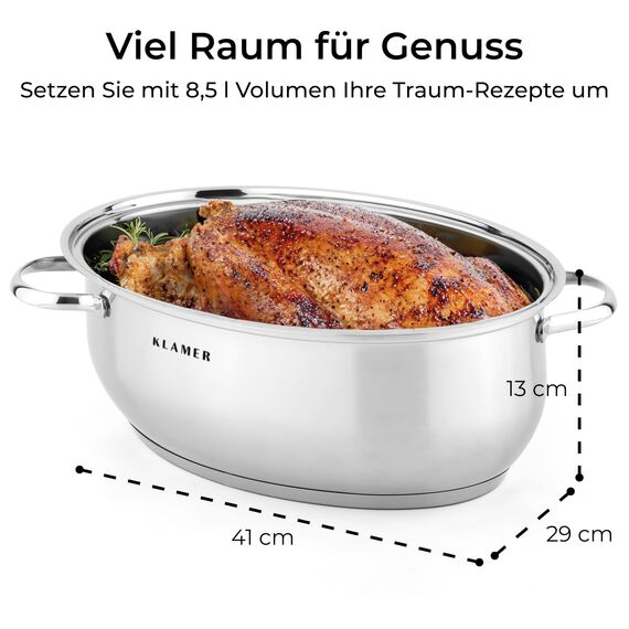 KLAMER Bräter mit zwei Deckeln 41 cm, backofengeeignet, 8,5L XXL Bräter mit Deckel, mit 4L Deckelpfanne, extra Glasdeckel, für alle Herdarten inkl. Induktion, Edelstahl