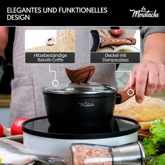 La Moustache - 8-Teiliges Kochgeschirr-Set aus Aluminium mit E-Book, Antihaftbeschichtet, 3 Töpfen, 3 Glasdeckeln und 2 Bratpfannen für Alle Herdarten Inklusive Induktion, PFOA/PFOS-Frei (Callao)