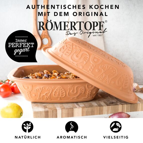 Römertopf Bräter Klassiker aus Naturton, Dampfgarer 4 Liter für bis zu 6 Personen, Keramik-Schmortopf für Backofen & Mikrowelle, Unterteil glasiert, fettarmes Garen, spülmaschinengeeignet