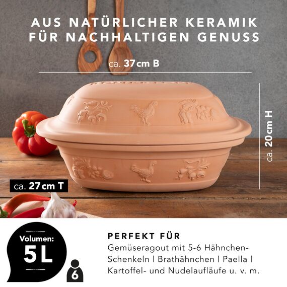 Römertopf Bräter Rustico aus Naturton, Keramik Dampfgarer 5 Liter für bis zu 6 Personen, gesundes fettarmes Garen, gleichmäßige Wärmeverteilung, backofen- & mikrowellengeeignet, spülmaschinenfest