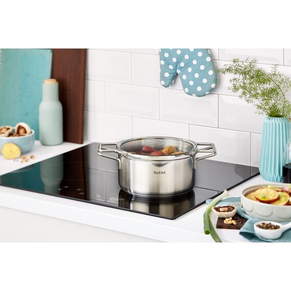 Tefal H85244 Nordica Kochtopf 20 cm mit Glasdeckel (Doppelgriffe, Edelstahl-Topf, alle Herdarten, induktionsgeeignet, robuster Boden) Edelstahl