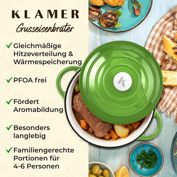 KLAMER Gusseisen Bräter 5 L, Gusseisen-Topf 25 cm backofengeeignet, Emaille Schmortopf mit Deckel, Perfekt zum Braten, Schmoren und Brot backen, mit digitalem Rezeptbuch