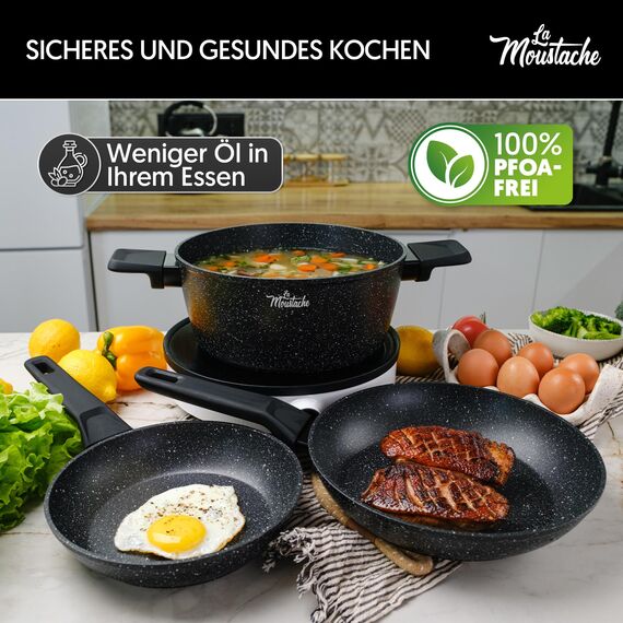 La Moustache - 8-Teiliges Kochgeschirr-Set aus Aluminium mit E-Book, Antihaftbeschichtet, 3 Töpfen, 3 Glasdeckeln und 2 Bratpfannen für Alle Herdarten Inklusive Induktion, PFOA/PFOS-Frei (Onix)