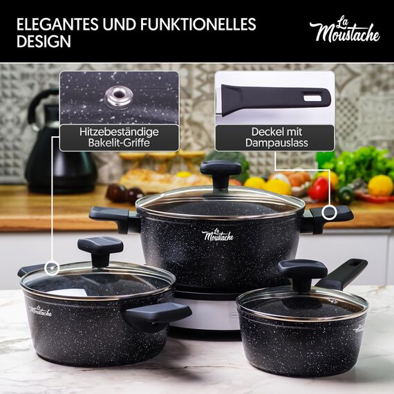La Moustache - 8-Teiliges Kochgeschirr-Set aus Aluminium mit E-Book, Antihaftbeschichtet, 3 Töpfen, 3 Glasdeckeln und 2 Bratpfannen für Alle Herdarten Inklusive Induktion, PFOA/PFOS-Frei (Onix)