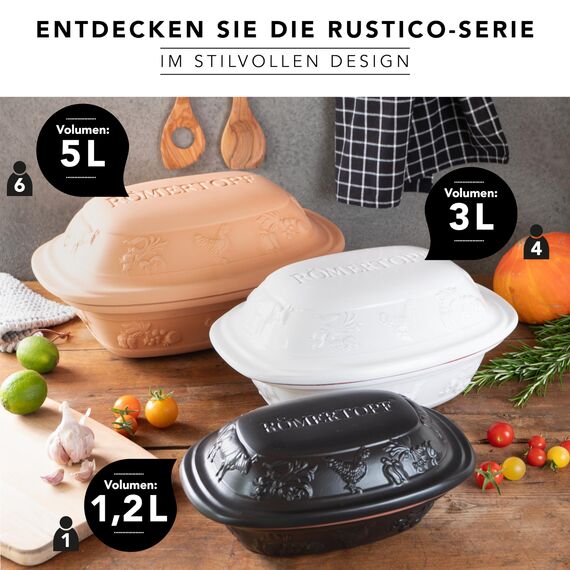 Römertopf RUSTICO Dampfgar-Bräter aus Naturton, Terrakotta, 2,5 kg/4 Personen, 35 x 22,5 x 16,5 cm, Unterteil glasiert, fettarmes Garen, für Mikrowelle & Backofen, spülmaschinengeeignet