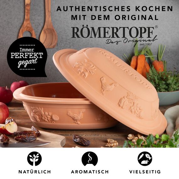 Römertopf RUSTICO Dampfgar-Bräter aus Naturton, Terrakotta, 2,5 kg/4 Personen, 35 x 22,5 x 16,5 cm, Unterteil glasiert, fettarmes Garen, für Mikrowelle & Backofen, spülmaschinengeeignet