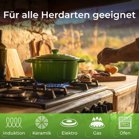 KLAMER Gusseisen Bräter 5 L, Gusseisen-Topf 25 cm backofengeeignet, Emaille Schmortopf mit Deckel, Perfekt zum Braten, Schmoren und Brot backen, mit digitalem Rezeptbuch