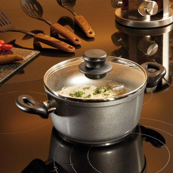 STONELINE Aluguss Kochtopf 20 cm, Topf mit Deckel 2,6 L, Antihaft beschichtet mit echten Steinpartikeln, Kochtopf Induktion 20 cm, für alle Herdarten, Backofen, Kochen ohne Fett oder Öl, Grau