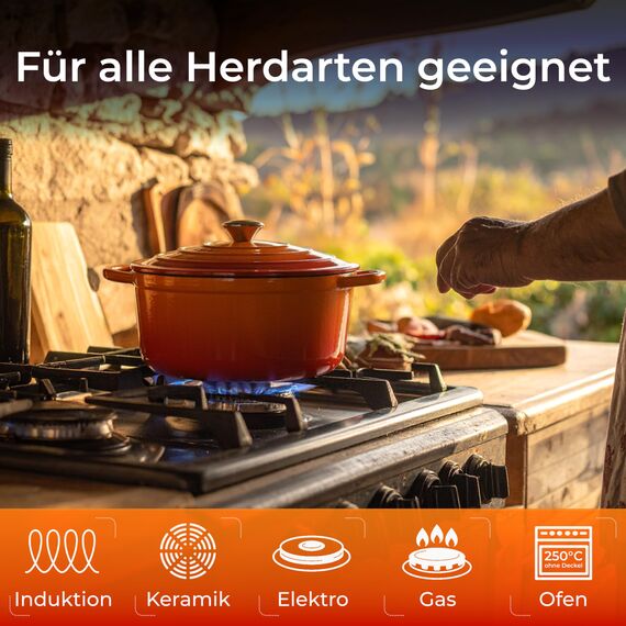 KLAMER Gusseisen Bräter 5 L, Gusseisen-Topf 25 cm backofengeeignet, Emaille Schmortopf mit Deckel, Perfekt zum Braten, Schmoren und Brot backen, mit digitalem Rezeptbuch