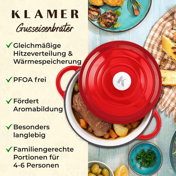 KLAMER Gusseisen Bräter 5 L, Gusseisen-Topf 25 cm backofengeeignet, Emaille Schmortopf mit Deckel, Perfekt zum Braten, Schmoren und Brot backen, mit digitalem Rezeptbuch