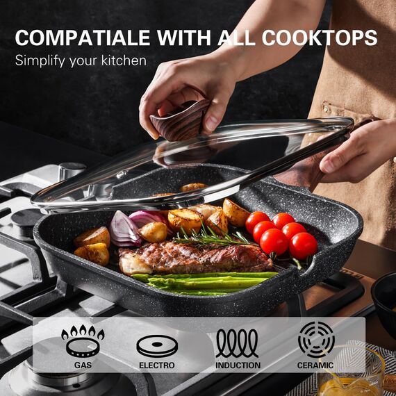 Kordisen Grillpfanne Induktion 28 cm mit Deckel – Grillpfanne mit Ausguss & Steakpfanne quadratisch, Granit Antihaftbeschichtung, für alle Herdarten, PFOA-frei