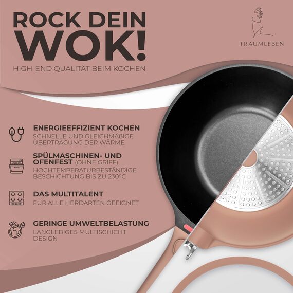 TRAUMLEBEN Wokpfanne mit Deckel 28 cm [abnehmbaren Griffe & Antihaftbeschichtung] PFOA-frei, für Induktion geeignet | backofenfest | hoher Rand | Beschichtete Wok Pfanne | Woks & Wokpfannen