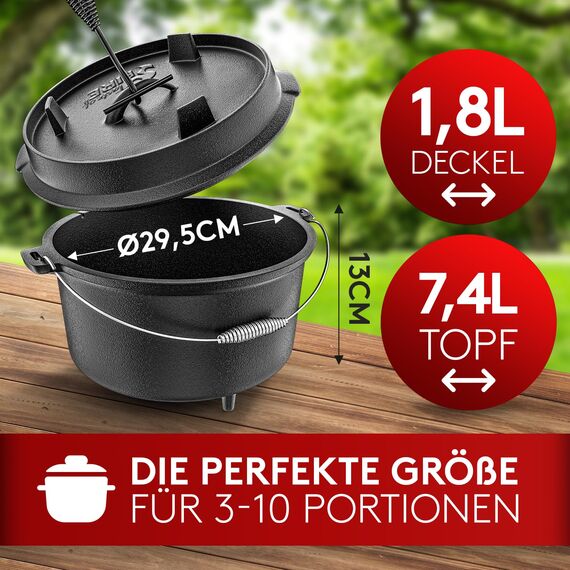 Taste of Fire [Das Original] - 7,4 Liter Dutch Oven Set mit Standfüßen & 1,8 Liter Deckel mit Doppelfunktion zusätzlich als Grillpfanne nutzbar – inkl. Deckelheber und E-Book