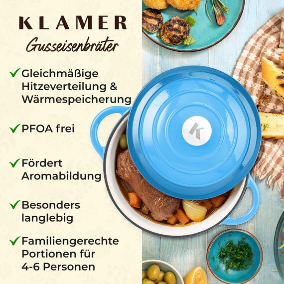 KLAMER Gusseisen Bräter 5 L, Gusseisen-Topf 25 cm backofengeeignet, Emaille Schmortopf mit Deckel, Perfekt zum Braten, Schmoren und Brot backen, mit digitalem Rezeptbuch