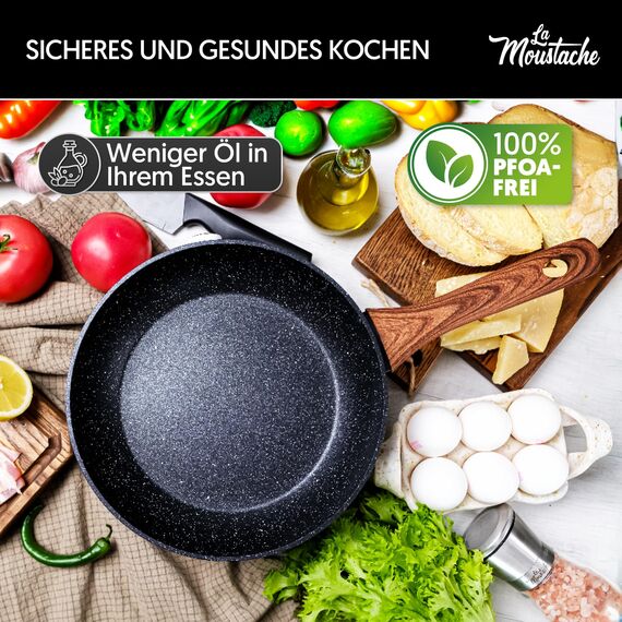 La Moustache - 8-Teiliges Kochgeschirr-Set aus Aluminium mit E-Book, Antihaftbeschichtet, 3 Töpfen, 3 Glasdeckeln und 2 Bratpfannen für Alle Herdarten Inklusive Induktion, PFOA/PFOS-Frei (Callao)