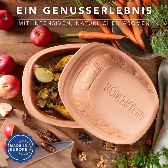 Römertopf RUSTICO Dampfgar-Bräter aus Naturton, Terrakotta, 2,5 kg/4 Personen, 35 x 22,5 x 16,5 cm, Unterteil glasiert, fettarmes Garen, für Mikrowelle & Backofen, spülmaschinengeeignet