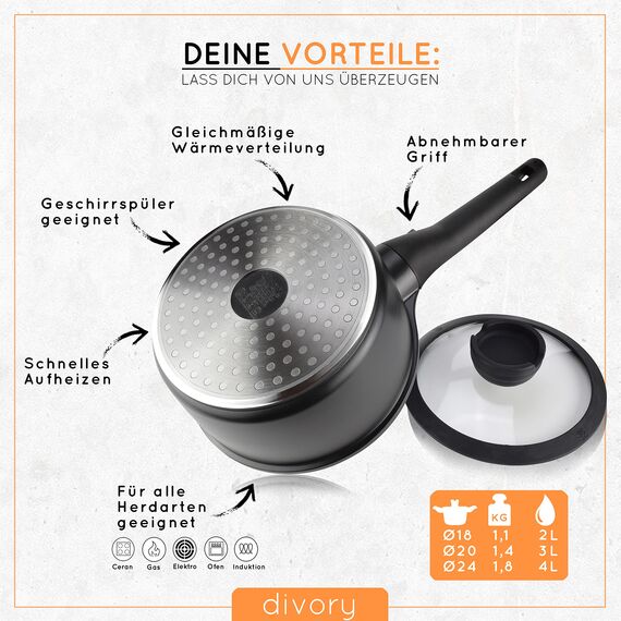 DIVORY Kasserolle 18cm abnehmbarer Griff - 2L Stielkasserolle mit Deckel - Stieltopf klein - Milchtopf beschichtet, abnehmbarer Stielgriff, Induktion, Spülmaschinen geeignet & Backofenfest, Schwarz