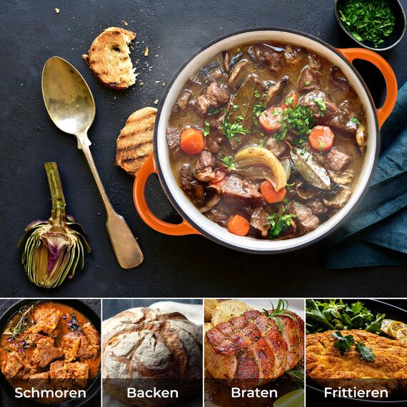 KLAMER Gusseisen Bräter 5 L, Gusseisen-Topf 25 cm backofengeeignet, Emaille Schmortopf mit Deckel, Perfekt zum Braten, Schmoren und Brot backen, mit digitalem Rezeptbuch