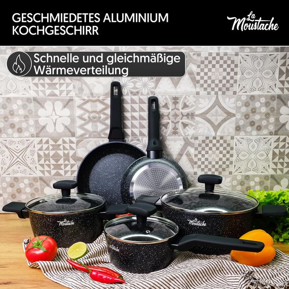 La Moustache - 8-Teiliges Kochgeschirr-Set aus Aluminium mit E-Book, Antihaftbeschichtet, 3 Töpfen, 3 Glasdeckeln und 2 Bratpfannen für Alle Herdarten Inklusive Induktion, PFOA/PFOS-Frei (Onix)