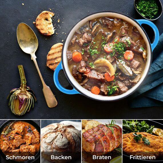 KLAMER Gusseisen Bräter 5 L, Gusseisen-Topf 25 cm backofengeeignet, Emaille Schmortopf mit Deckel, Perfekt zum Braten, Schmoren und Brot backen, mit digitalem Rezeptbuch