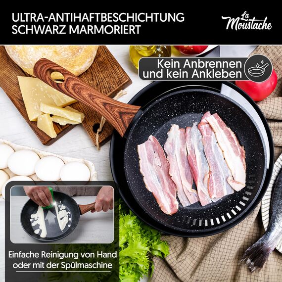 La Moustache - 8-Teiliges Kochgeschirr-Set aus Aluminium mit E-Book, Antihaftbeschichtet, 3 Töpfen, 3 Glasdeckeln und 2 Bratpfannen für Alle Herdarten Inklusive Induktion, PFOA/PFOS-Frei (Callao)