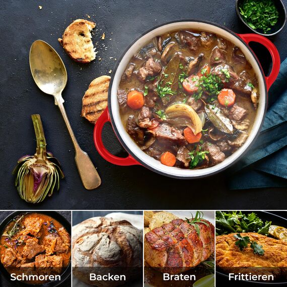 KLAMER Gusseisen Bräter 5 L, Gusseisen-Topf 25 cm backofengeeignet, Emaille Schmortopf mit Deckel, Perfekt zum Braten, Schmoren und Brot backen, mit digitalem Rezeptbuch