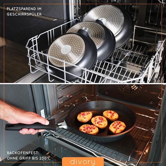 DIVORY Kasserolle 18cm abnehmbarer Griff - 2L Stielkasserolle mit Deckel - Stieltopf klein - Milchtopf beschichtet, abnehmbarer Stielgriff, Induktion, Spülmaschinen geeignet & Backofenfest, Schwarz