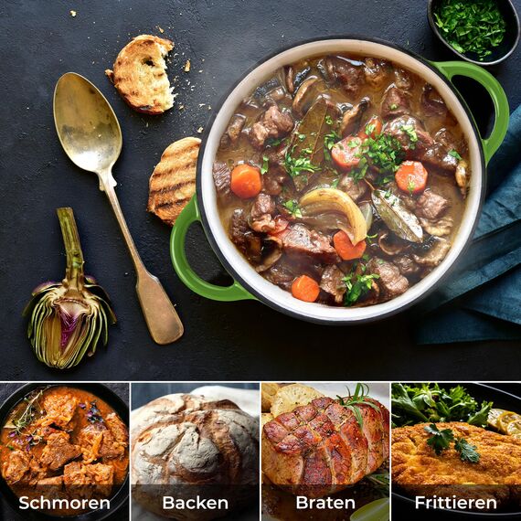 KLAMER Gusseisen Bräter 5 L, Gusseisen-Topf 25 cm backofengeeignet, Emaille Schmortopf mit Deckel, Perfekt zum Braten, Schmoren und Brot backen, mit digitalem Rezeptbuch